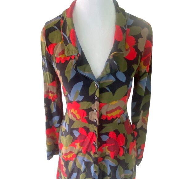 Zara Trafaluc Collection Floral Red Black Green Shirt Dress Button Down Small - Picture 3 of 14